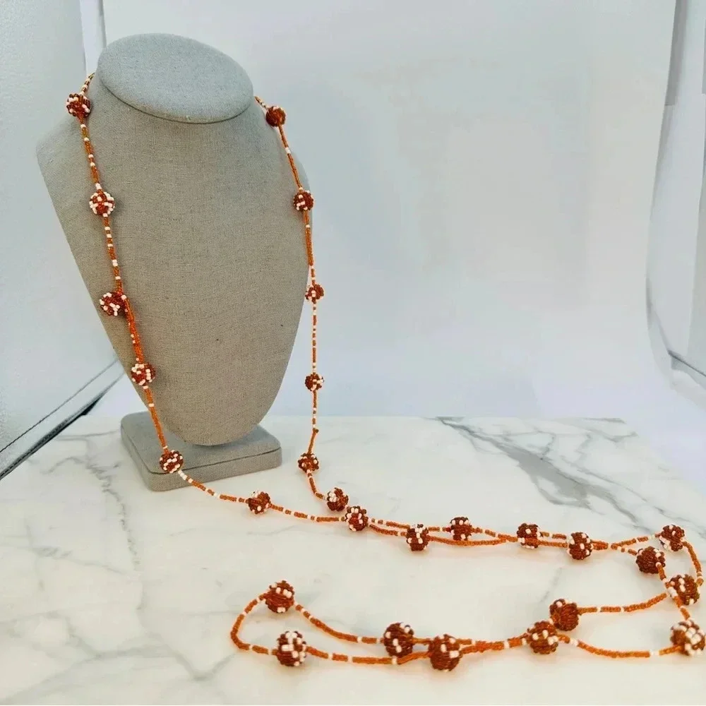 Vintage Beaded Station Necklace Very Long 62” Burnt Orange Polka Dot Est…